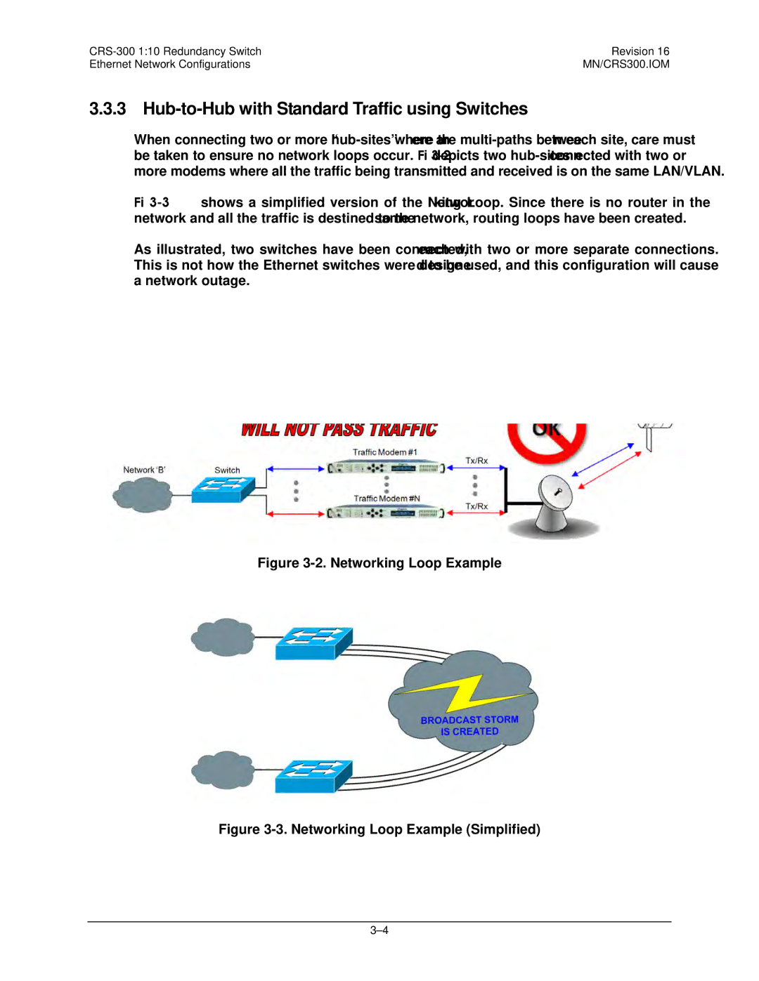 Mocomtech CRS-300 operation manual Hub-to-Hub with Standard Traffic using Switches, Networking Loop Example 