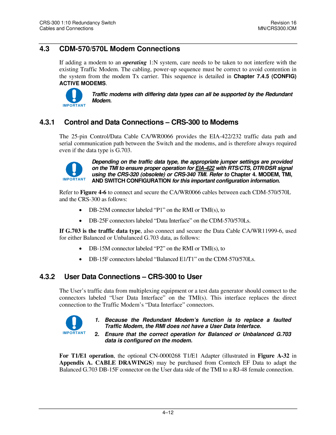 Mocomtech operation manual CDM-570/570L Modem Connections, Control and Data Connections CRS-300 to Modems 