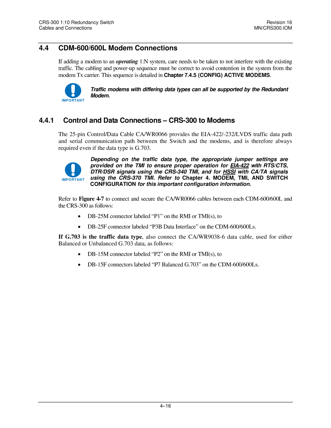 Mocomtech operation manual CDM-600/600L Modem Connections, Control and Data Connections CRS-300 to Modems 