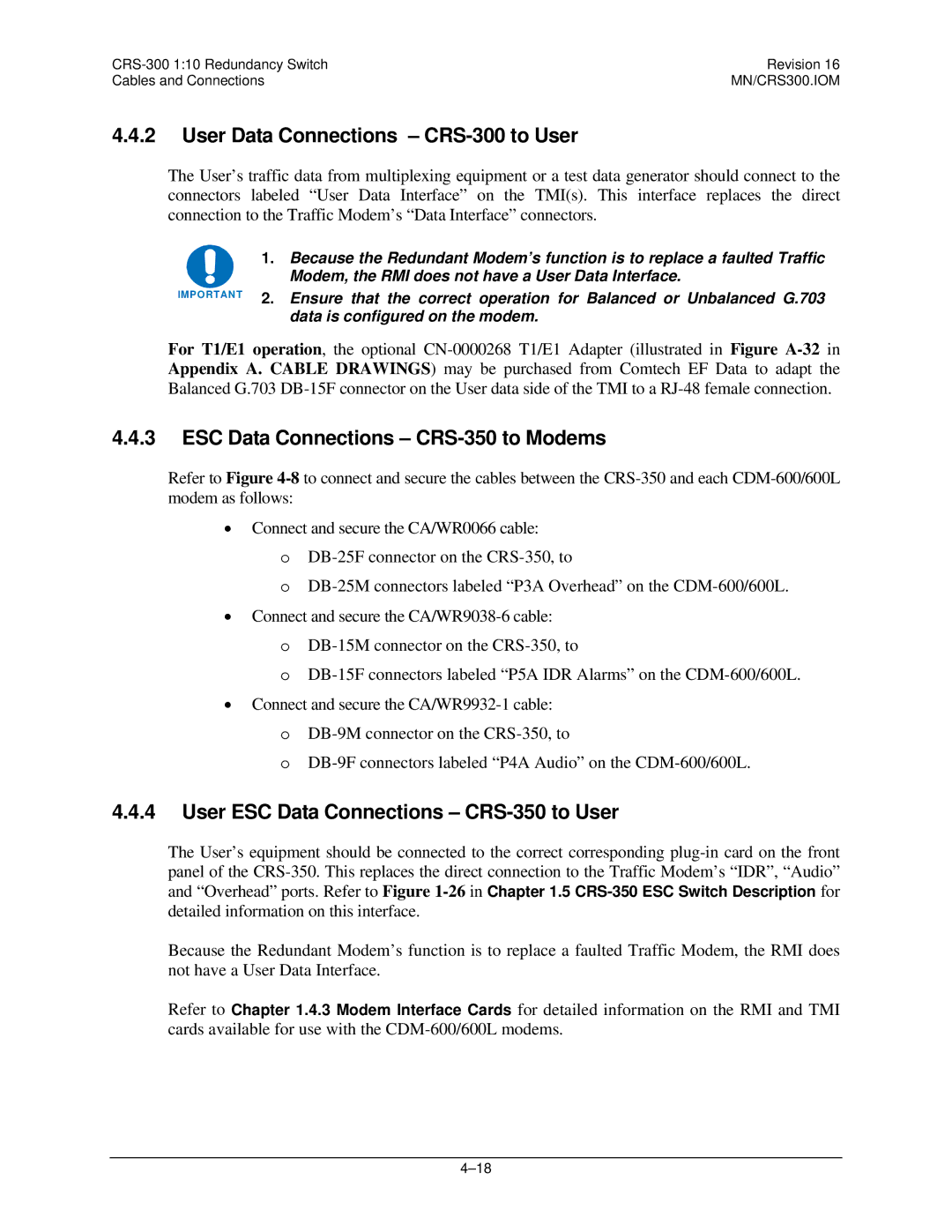 Mocomtech CRS-300 operation manual ESC Data Connections CRS-350 to Modems, User ESC Data Connections CRS-350 to User 