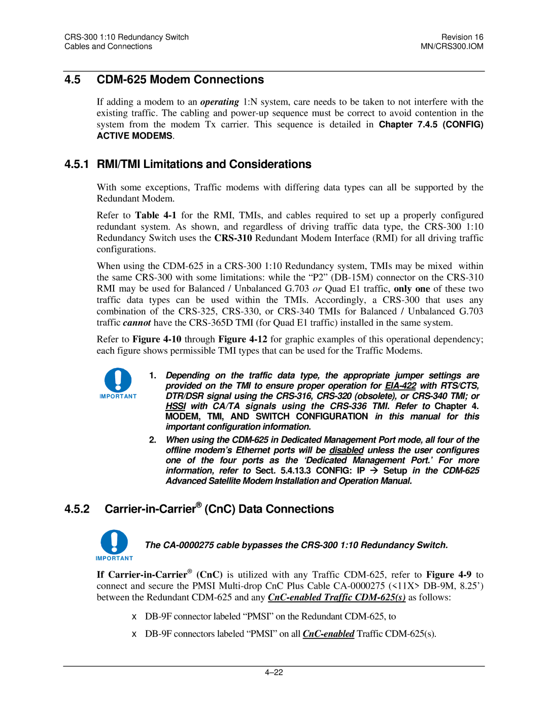 Mocomtech CRS-300 operation manual CDM-625 Modem Connections, 1 RMI/TMI Limitations and Considerations 