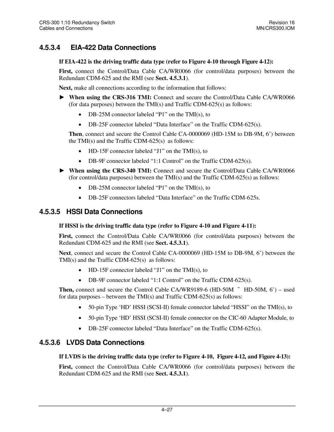 Mocomtech CRS-300 operation manual EIA-422 Data Connections, Hssi Data Connections, Lvds Data Connections 