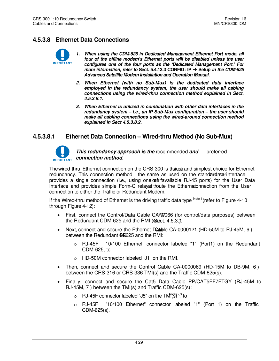 Mocomtech CRS-300 operation manual Ethernet Data Connections, Ethernet Data Connection Wired-thru Method No Sub-Mux 