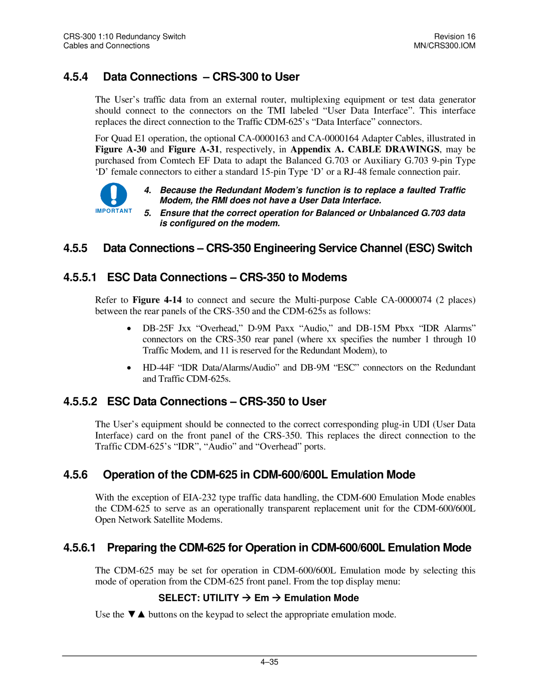 Mocomtech Data Connections CRS-300 to User, ESC Data Connections CRS-350 to User, Select Utility Æ Em Æ Emulation Mode 