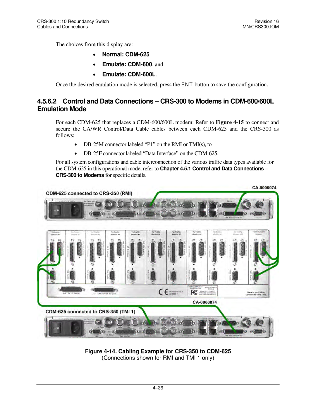 Mocomtech CRS-300 operation manual Normal CDM-625 Emulate CDM-600, Emulate CDM-600L, Cabling Example for CRS-350 to CDM-625 