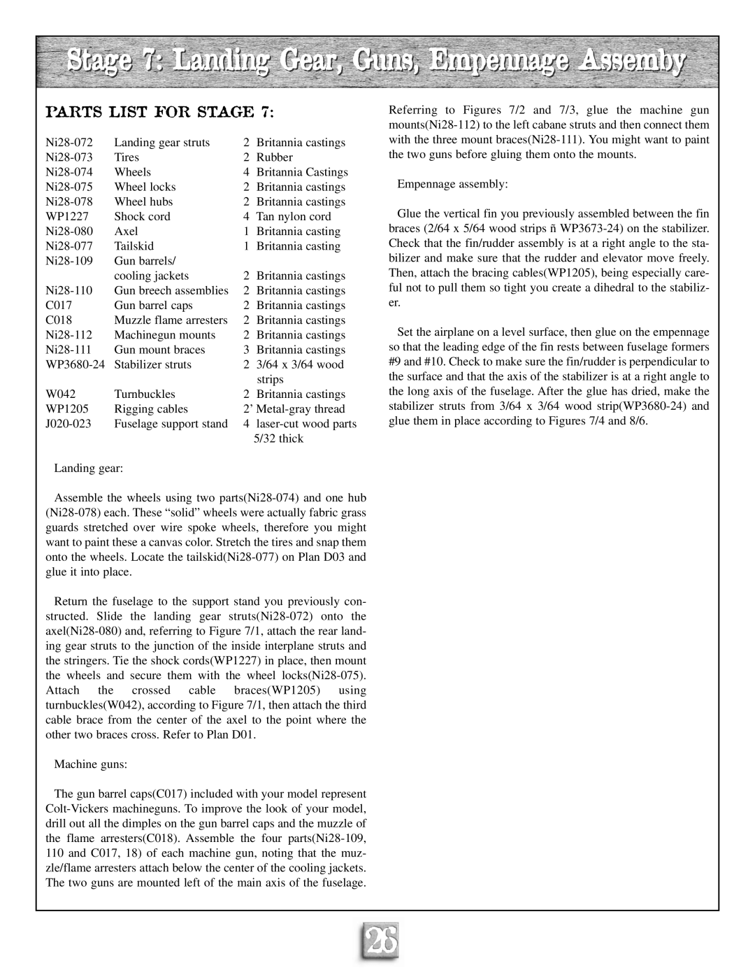 Model Shipways 28 manual Stage 7 Landing Gear, Guns, Empennage Assemby 