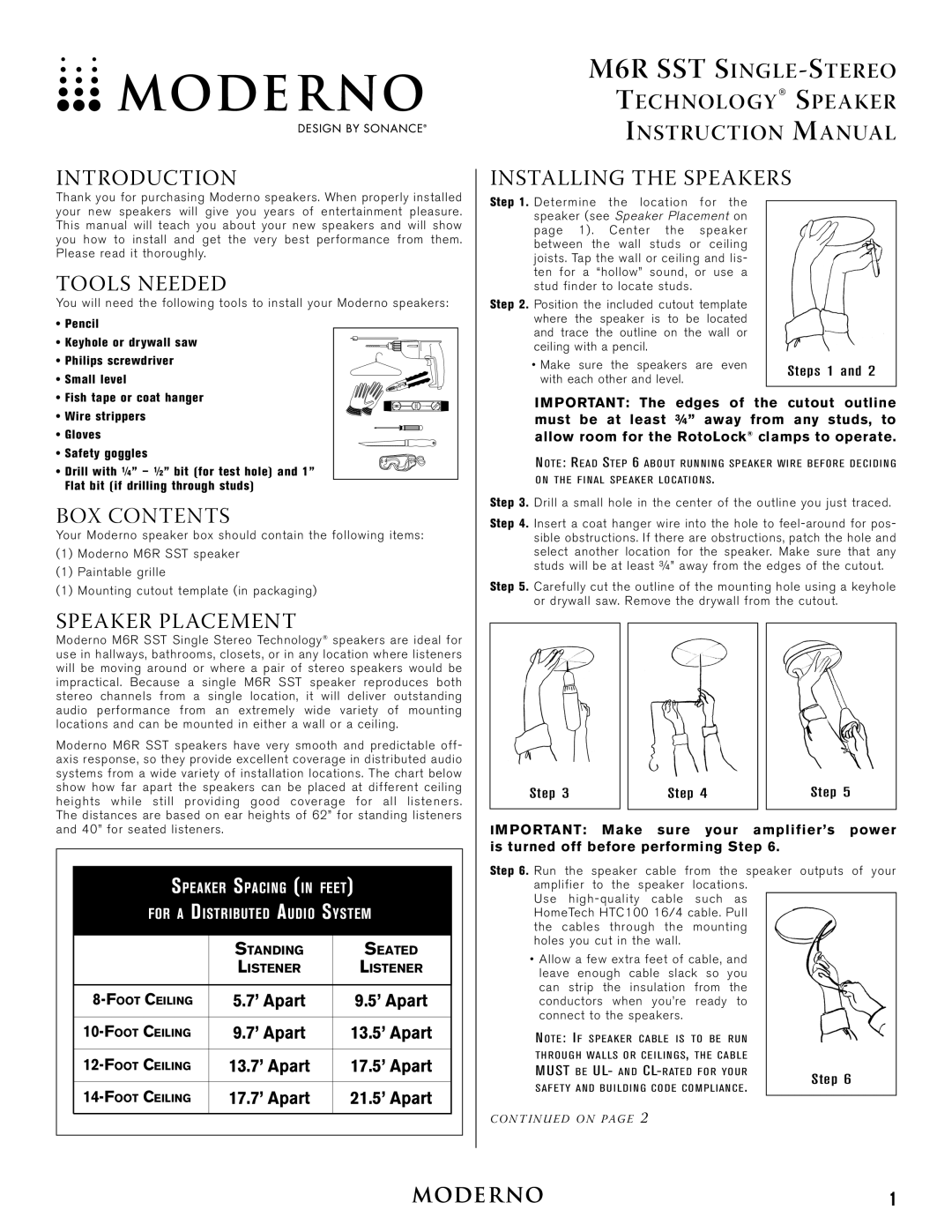 Moderno M6RSST instruction manual Introduction, Installing the Speakers, Tools Needed, BOX Contents, Speaker Placement 