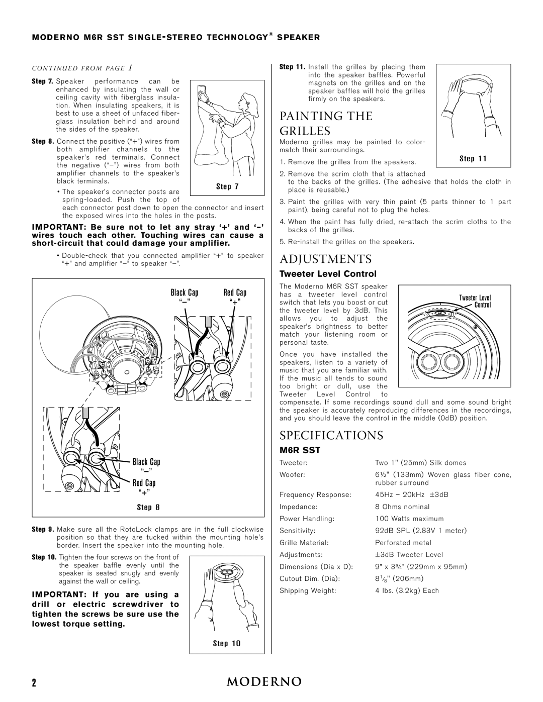 Moderno M6RSST instruction manual Painting Grilles, Adjustments, Specifications, Tweeter Level Control 