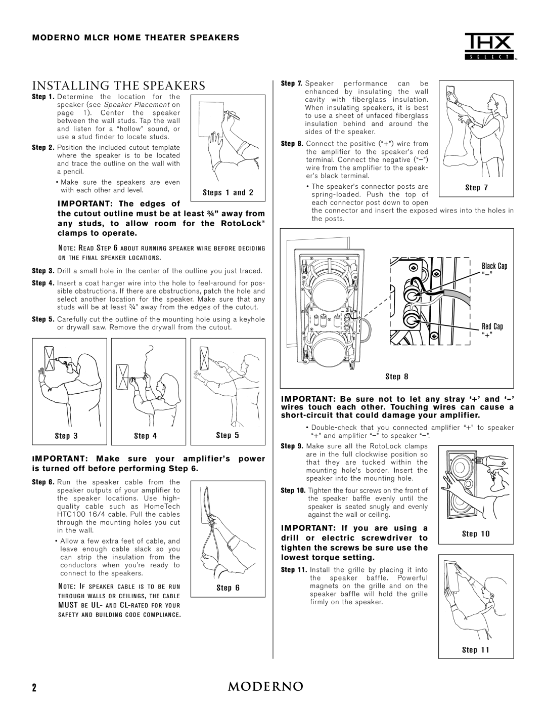 Moderno MLCR instruction manual Installing the Speakers, Important If you are using a, Drill or electric screwdriver to 