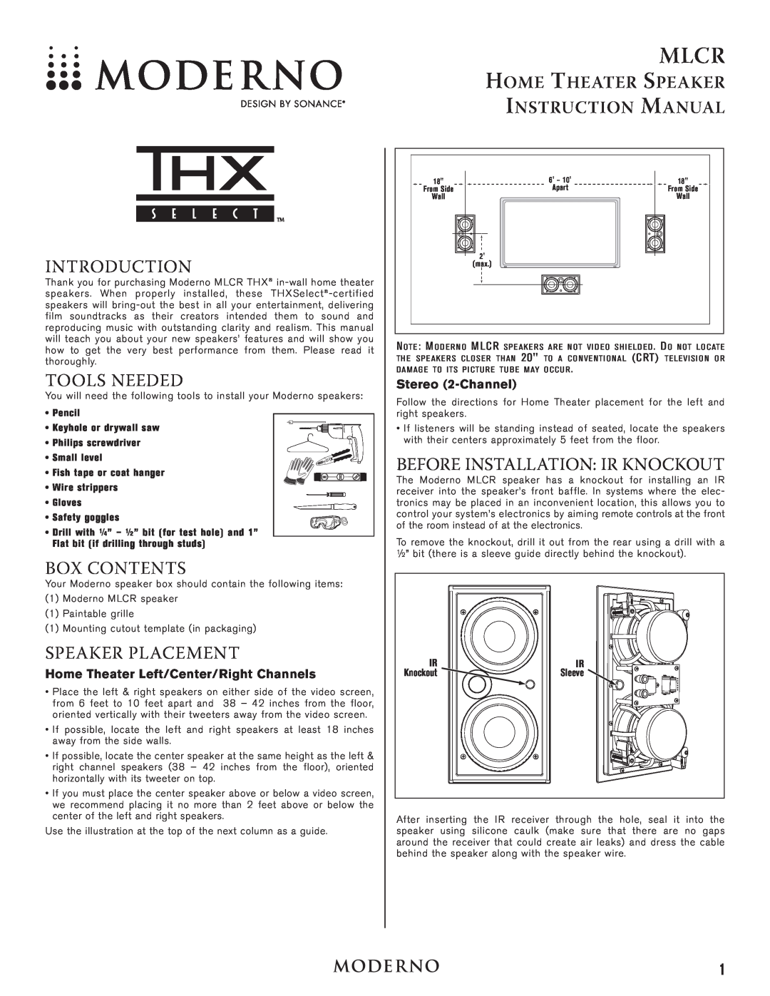 Moderno MLCR instruction manual Introduction, Tools Needed, Box Contents, Speaker Placement, Stereo 2-Channel, Mlcr 