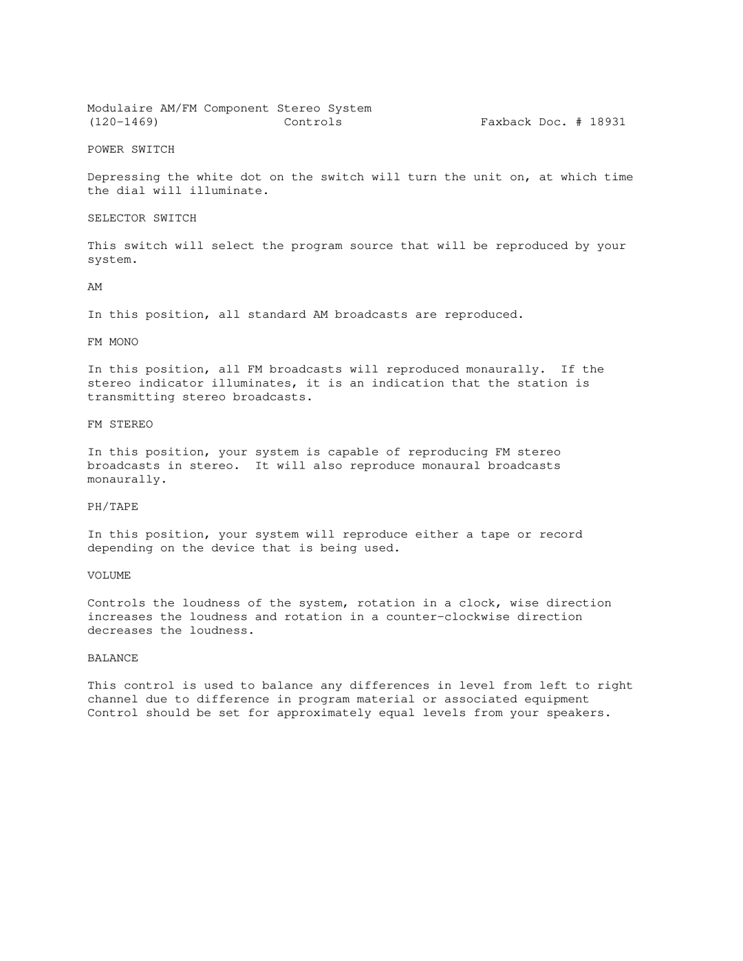 Modulaire 120-1469 manual Power Switch, Selector Switch, FM Mono, FM Stereo, Ph/Tape, Volume, Balance 