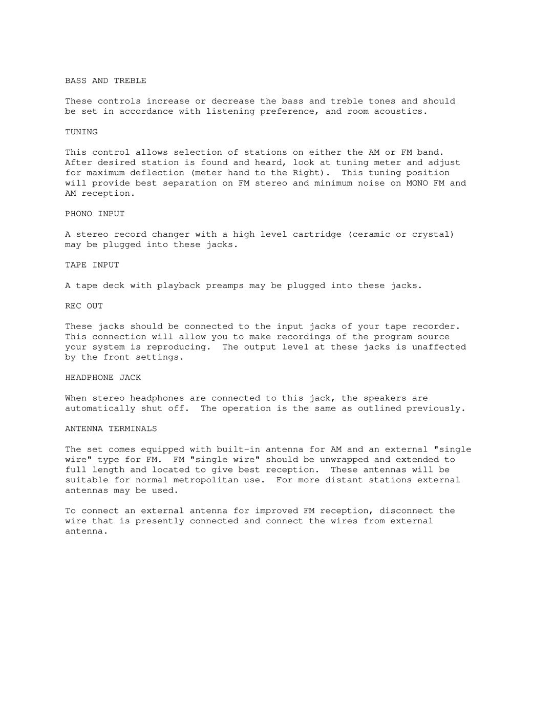 Modulaire 120-1469 manual Bass and Treble, Tuning, Phono Input, Tape Input, Rec Out, Headphone Jack, Antenna Terminals 