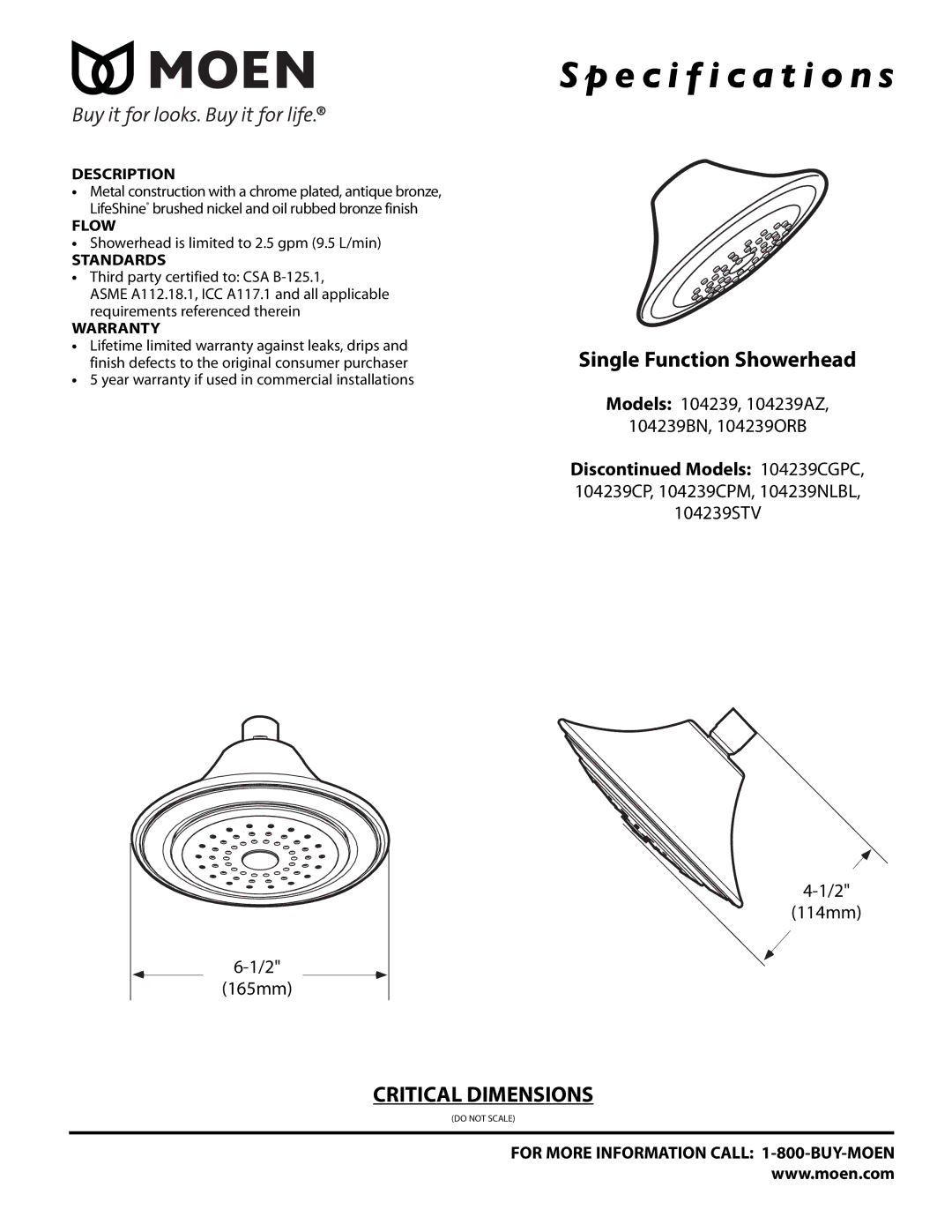 Moen 104239ORB, 104239AZ, 104239BN specifications Specification s, Single Function Showerhead 