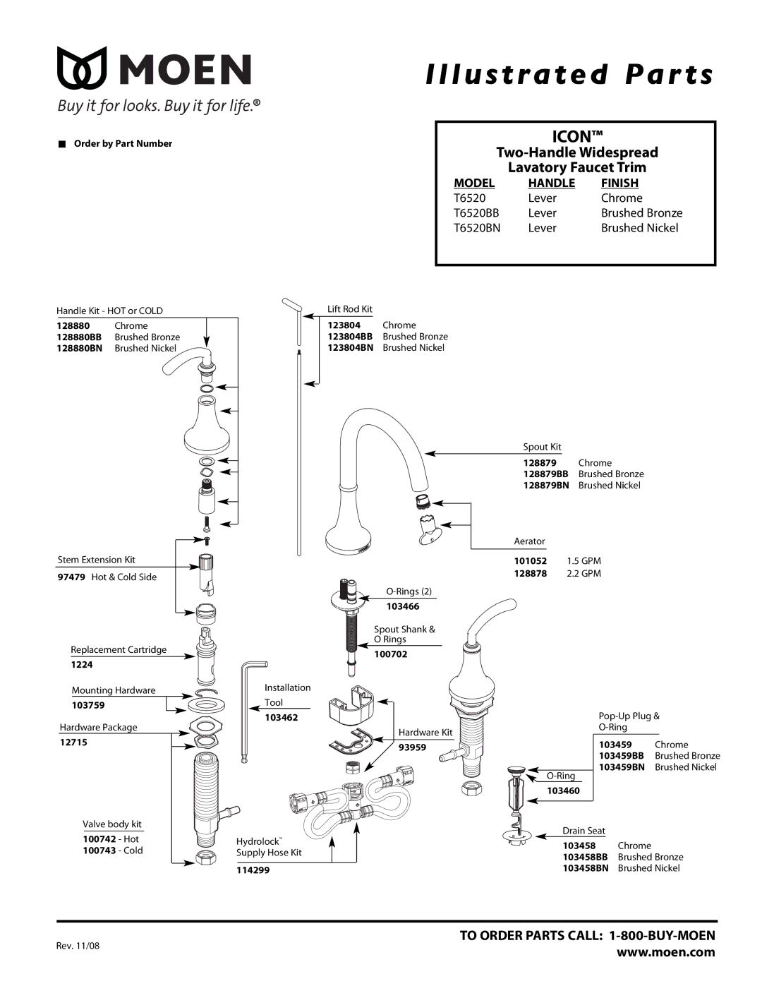 Moen 128880BN manual Illustrated Par ts, Icon, Two-Handle Widespread Lavatory Faucet Trim, Model Handle Finish 