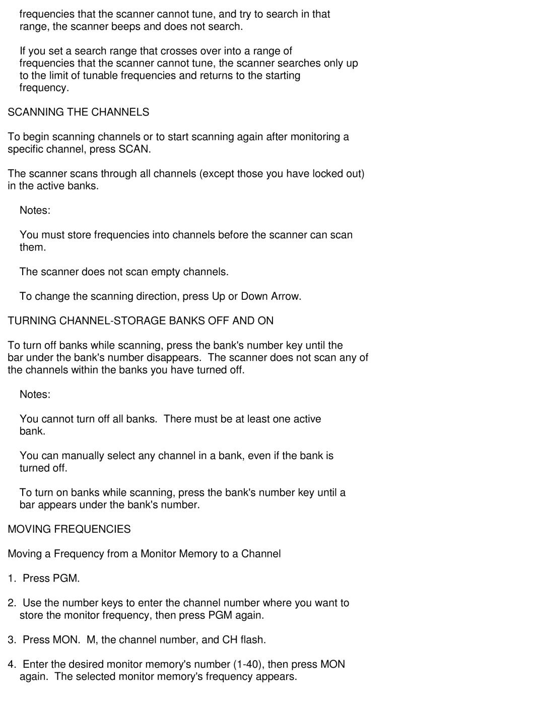 Moen 200-0564 manual Scanning the Channels, Turning CHANNEL-STORAGE Banks OFF and on, Moving Frequencies 
