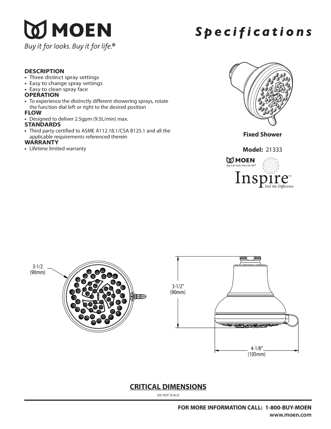 Moen 21333 specifications Specification s 