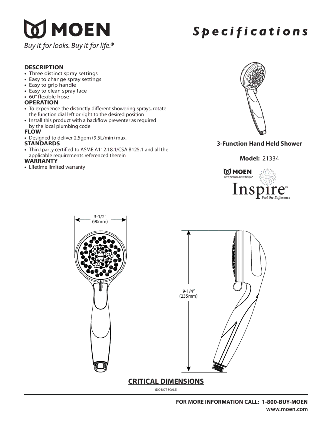 Moen 21334 specifications Specification s 