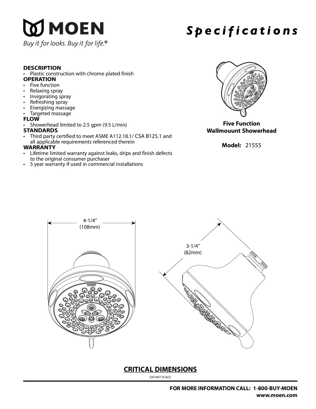 Moen 21555 specifications Specification s 