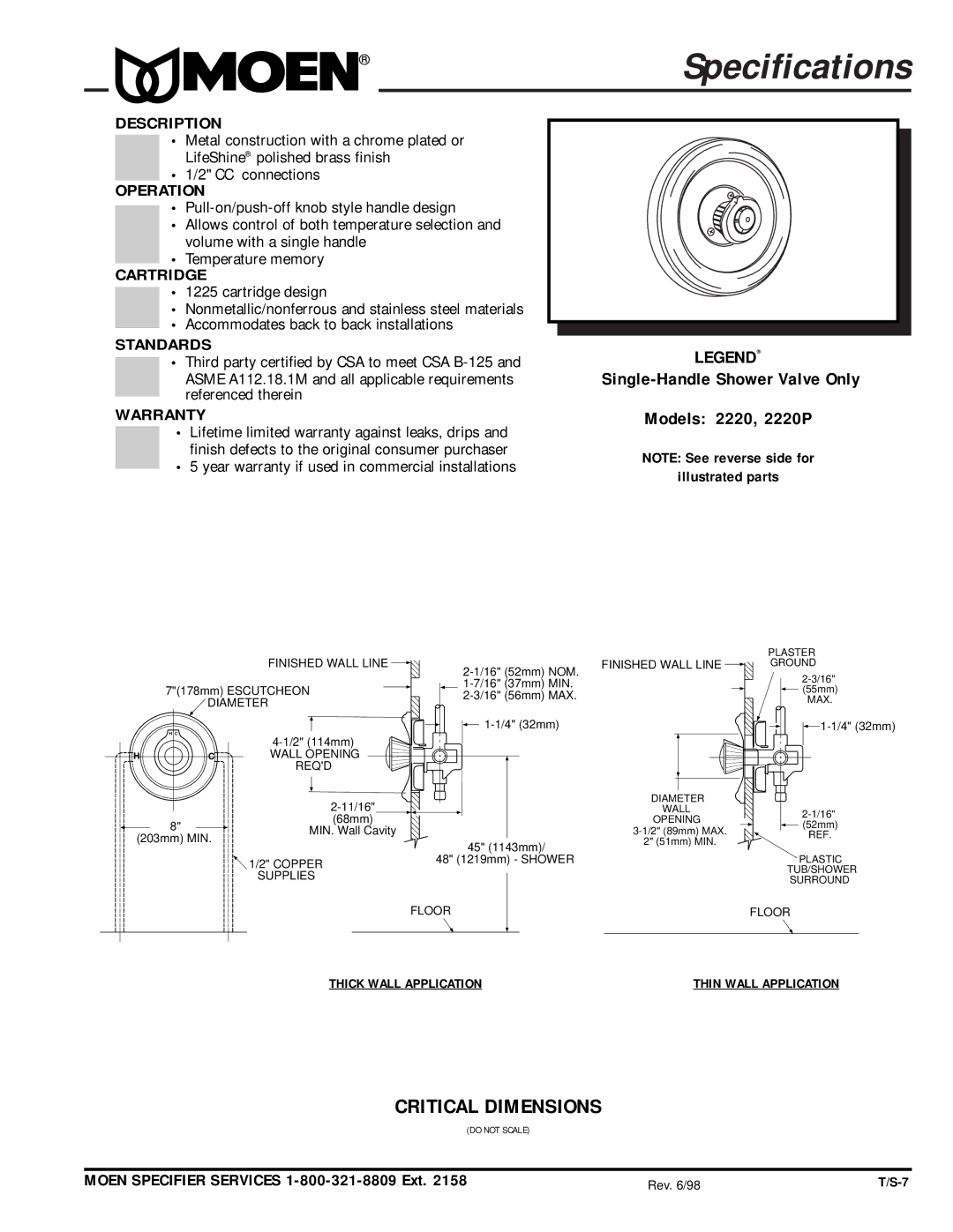 Moen specifications Specifications, Single-Handle Shower Valve Only, Models 2220, 2220P 