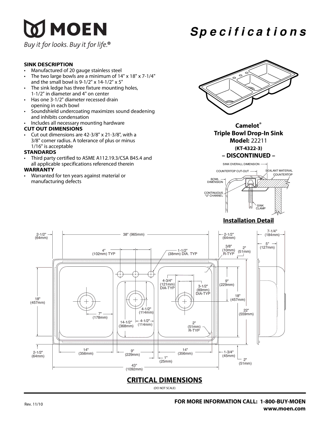 Moen 22211 specifications Specification s, Camelot Triple Bowl Drop-In Sink Model, Dis, Installation Detail 