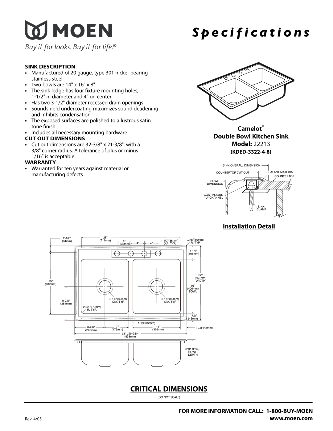 Moen 22213 specifications Specification s, Camelot Double Bowl Kitchen Sink Model, Installation Detail 