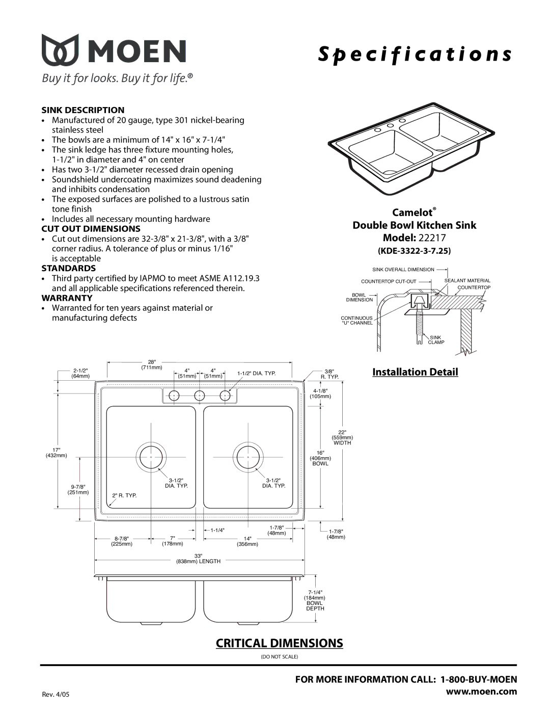 Moen 22217 specifications Specification s, Camelot Double Bowl Kitchen Sink Model 