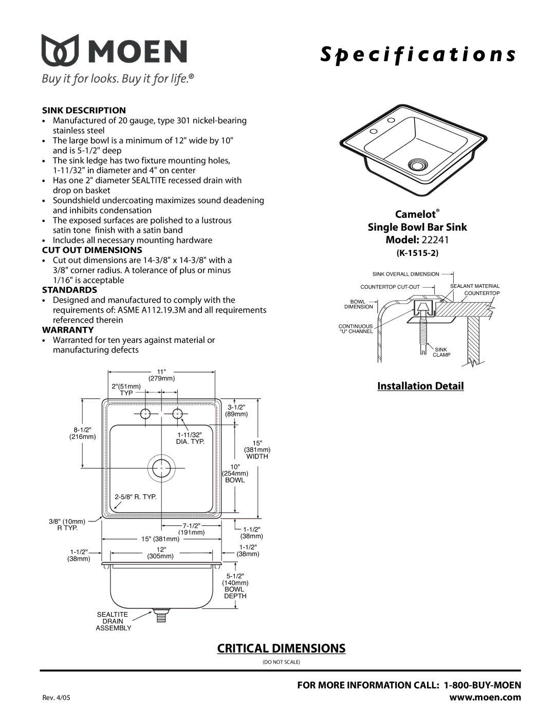 Moen K-1515-2, 22241 specifications Specification s, Camelot Single Bowl Bar Sink Model, Installation Detail 