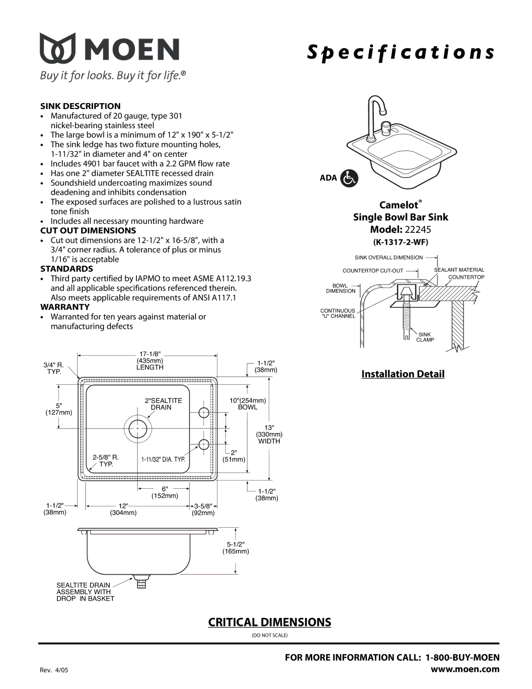 Moen 22245 specifications Specification s, Camelot Single Bowl Bar Sink Model, Installation Detail 