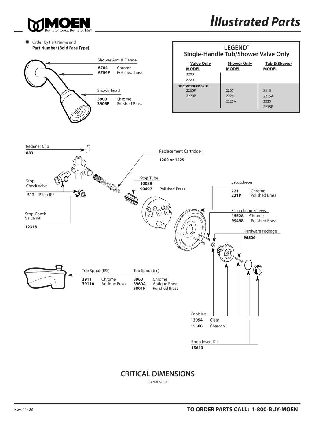 Moen 2225A, 2235P, 2215A, 2200P, 2205 dimensions Illustrated Parts, Single-Handle Tub/Shower Valve Only, Model 