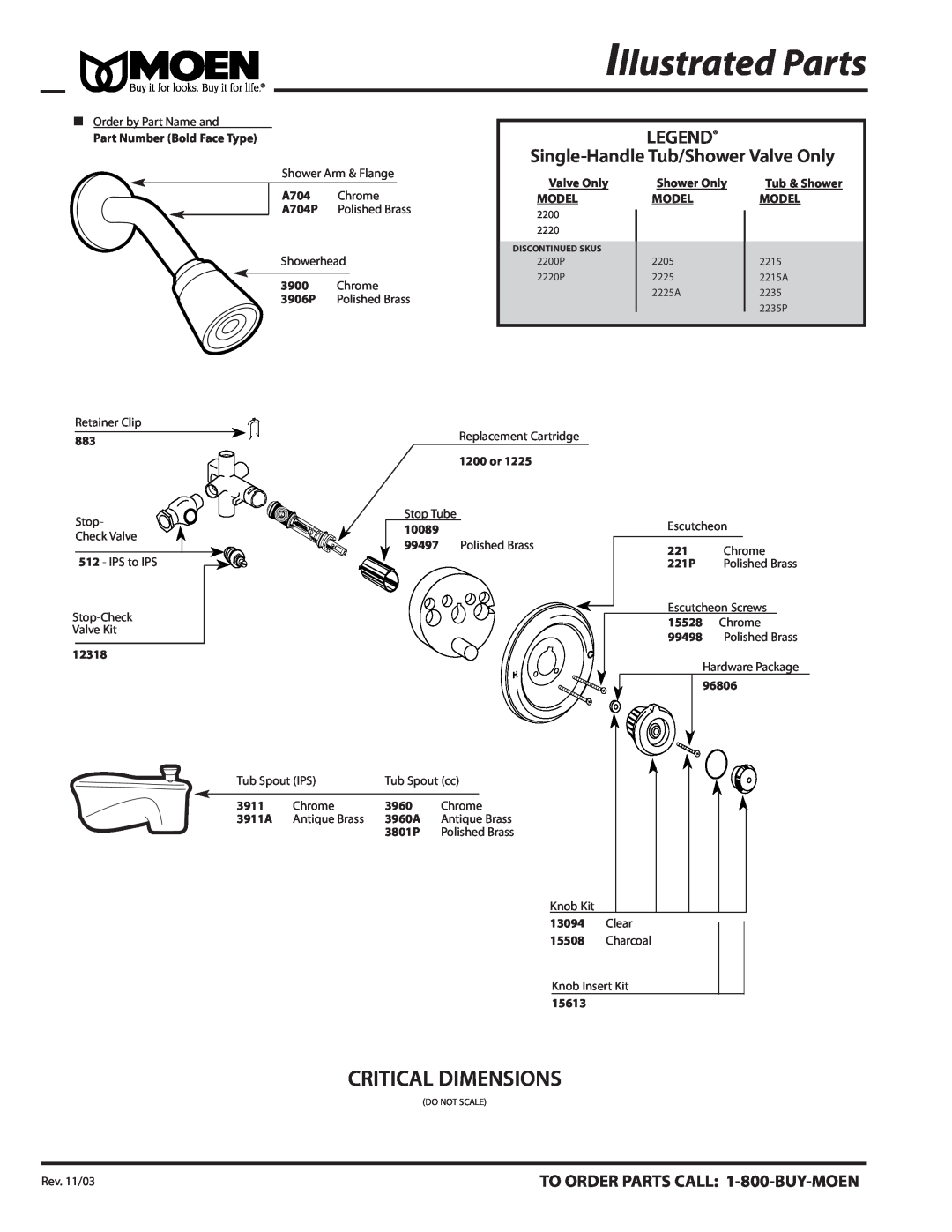 Moen 2225A, 2235P, 2215A, 2200P, 2205 dimensions Illustrated Parts, Critical Dimensions, Single-Handle Tub/Shower Valve Only 
