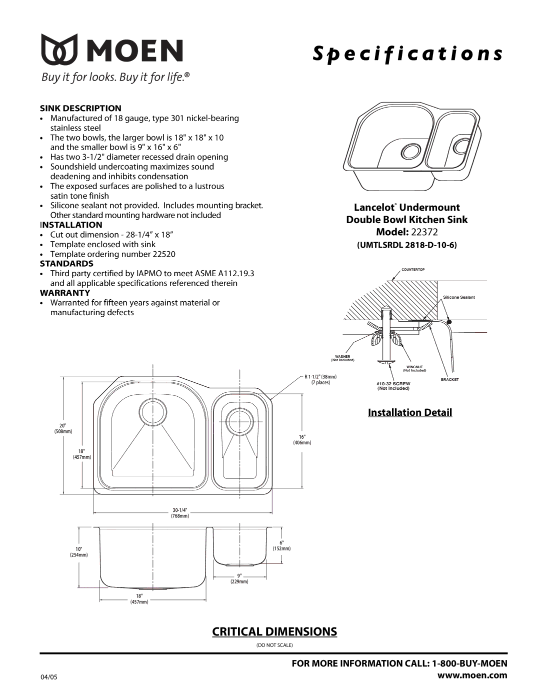 Moen 22372 specifications Specification s, Lancelot Undermount Double Bowl Kitchen Sink Model, Installation Detail 