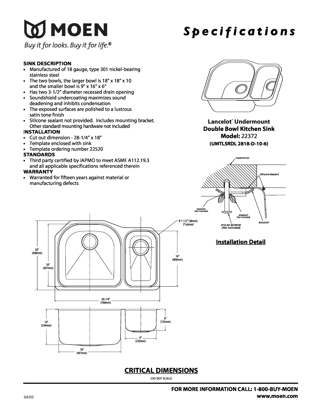 Moen 22372 specifications S p e c i f i c a t i o n s, Critical Dimensions, Installation Detail, Sink Description 