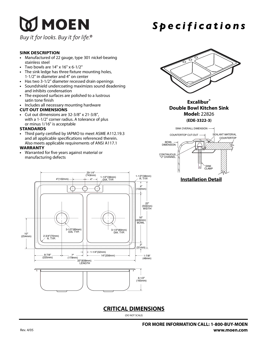 Moen 22826 specifications 