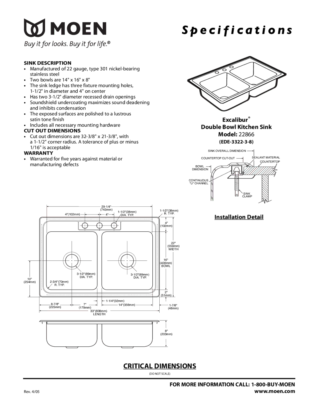 Moen 22866 specifications Specification s, Excalibur Double Bowl Kitchen Sink Model, Installation Detail 