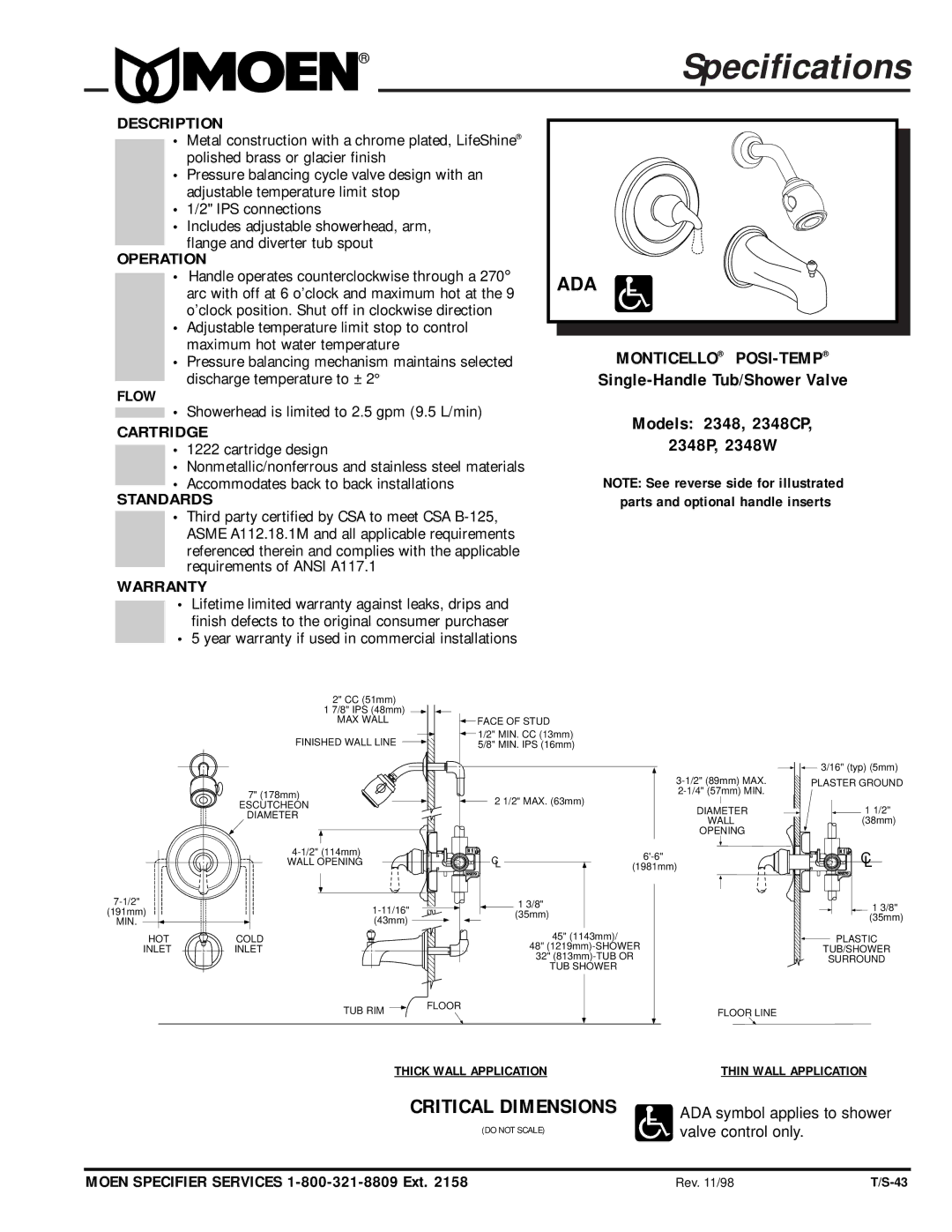 Moen 2348W, 2348P, 2348CP specifications Description, Operation, Cartridge, Standards, Warranty 