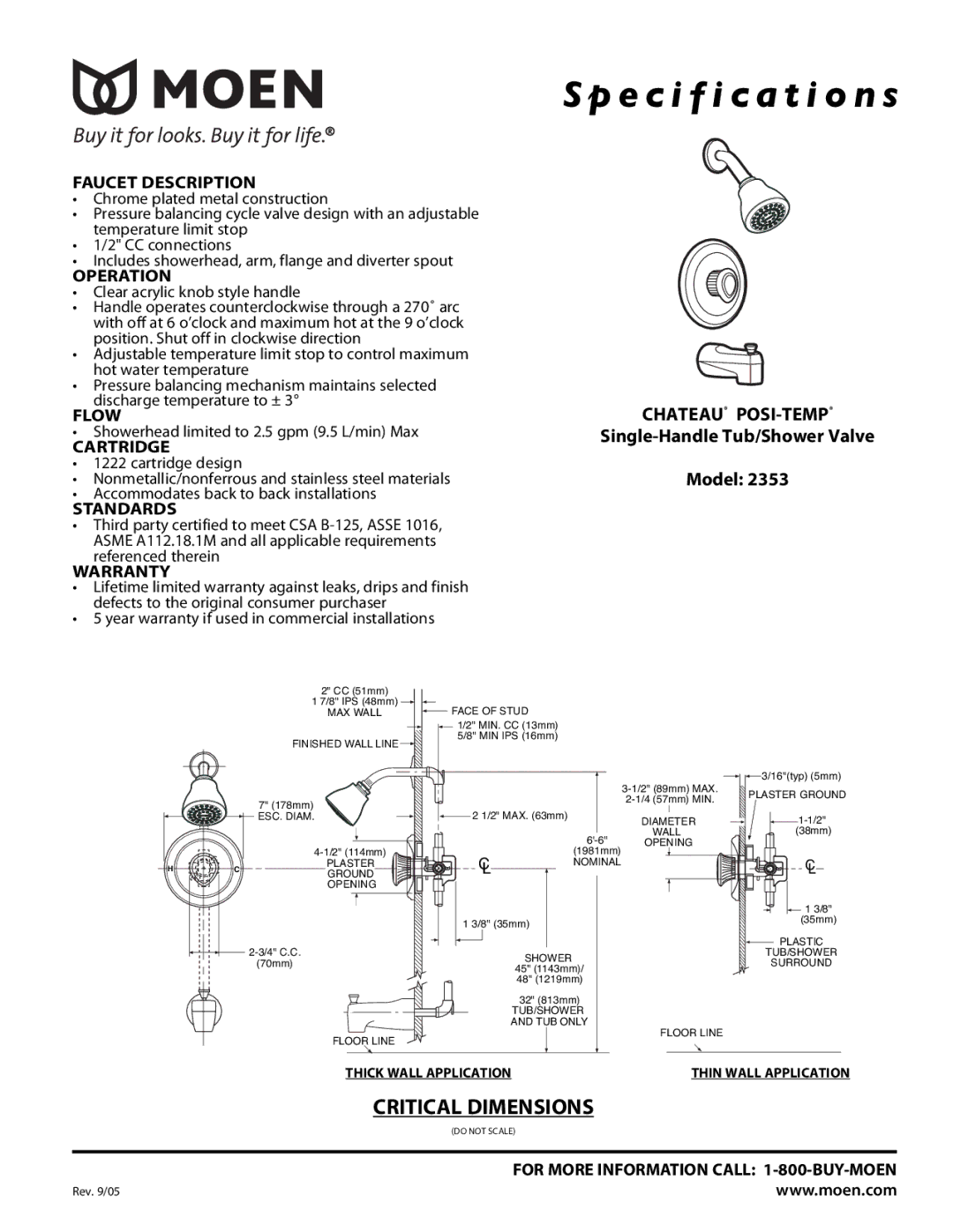 Moen 2353 specifications Specification s, Chateau POSI-TEMP, Single-Handle Tub/Shower Valve Model 