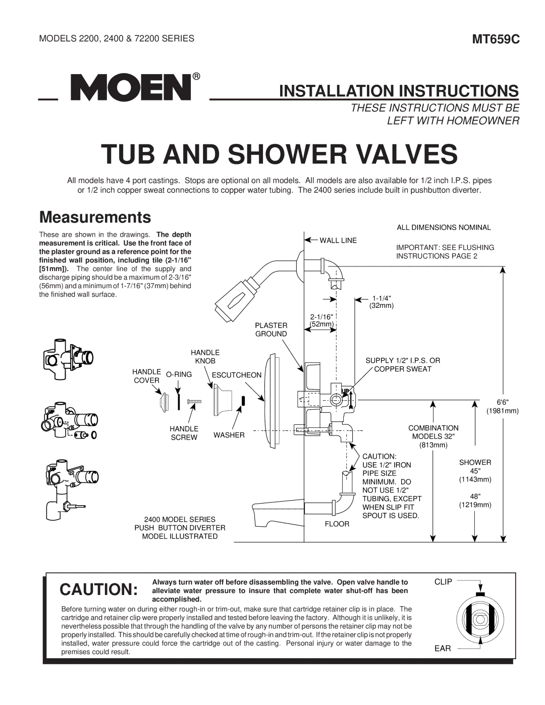 Moen 2200 Series, 2400 Series installation instructions Measurements, Wall Line 