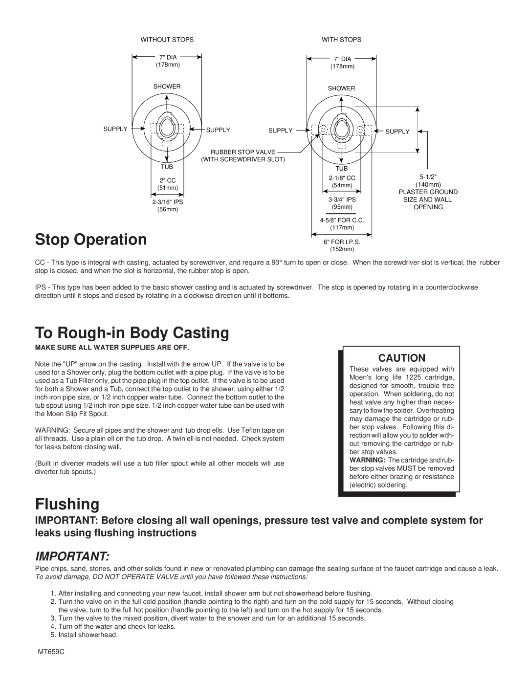 Moen 2400 Series, 2200 Series Stop Operation, To Rough-in Body Casting, Flushing, Make Sure ALL Water Supplies are OFF 