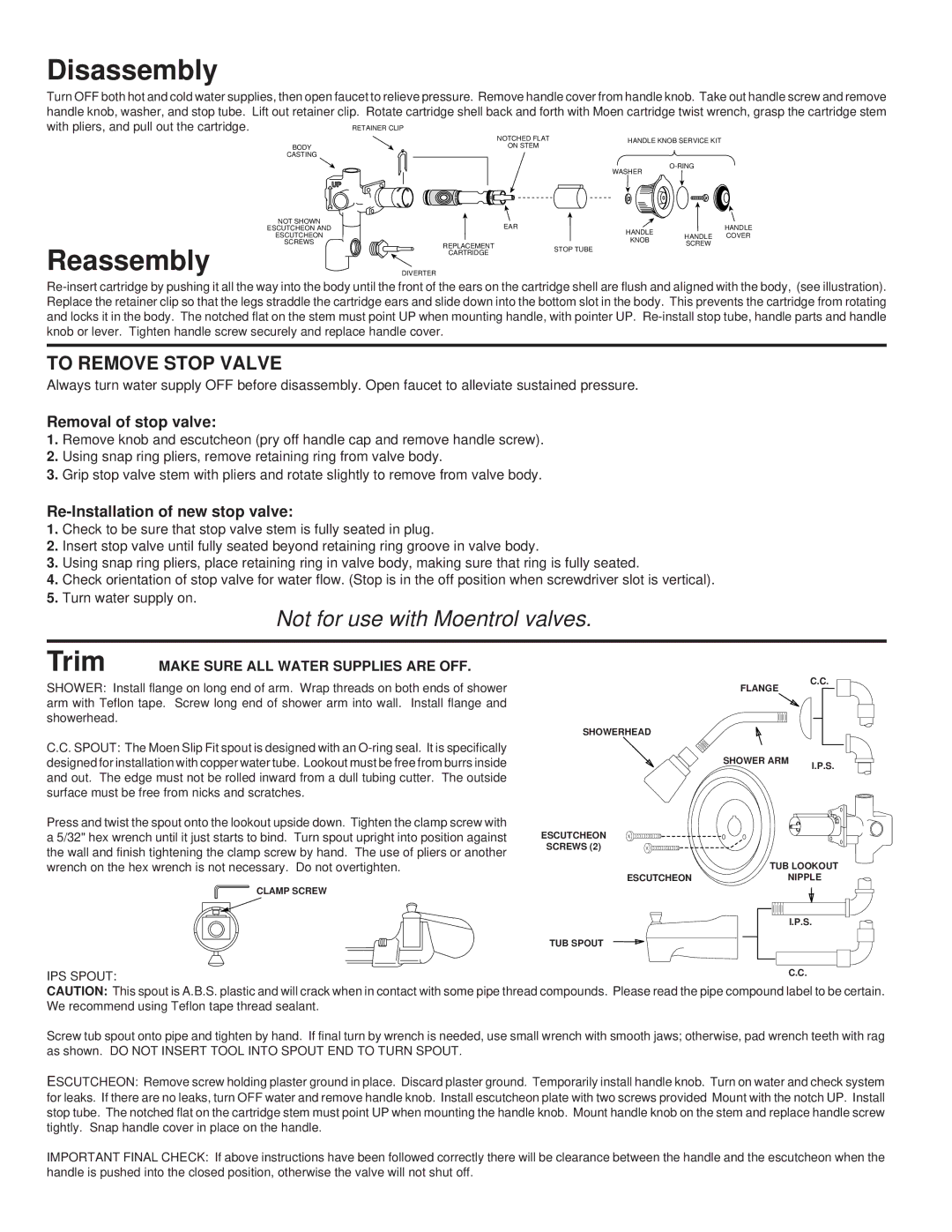 Moen 2200 Series, 2400 Series installation instructions Disassembly, Reassembly 