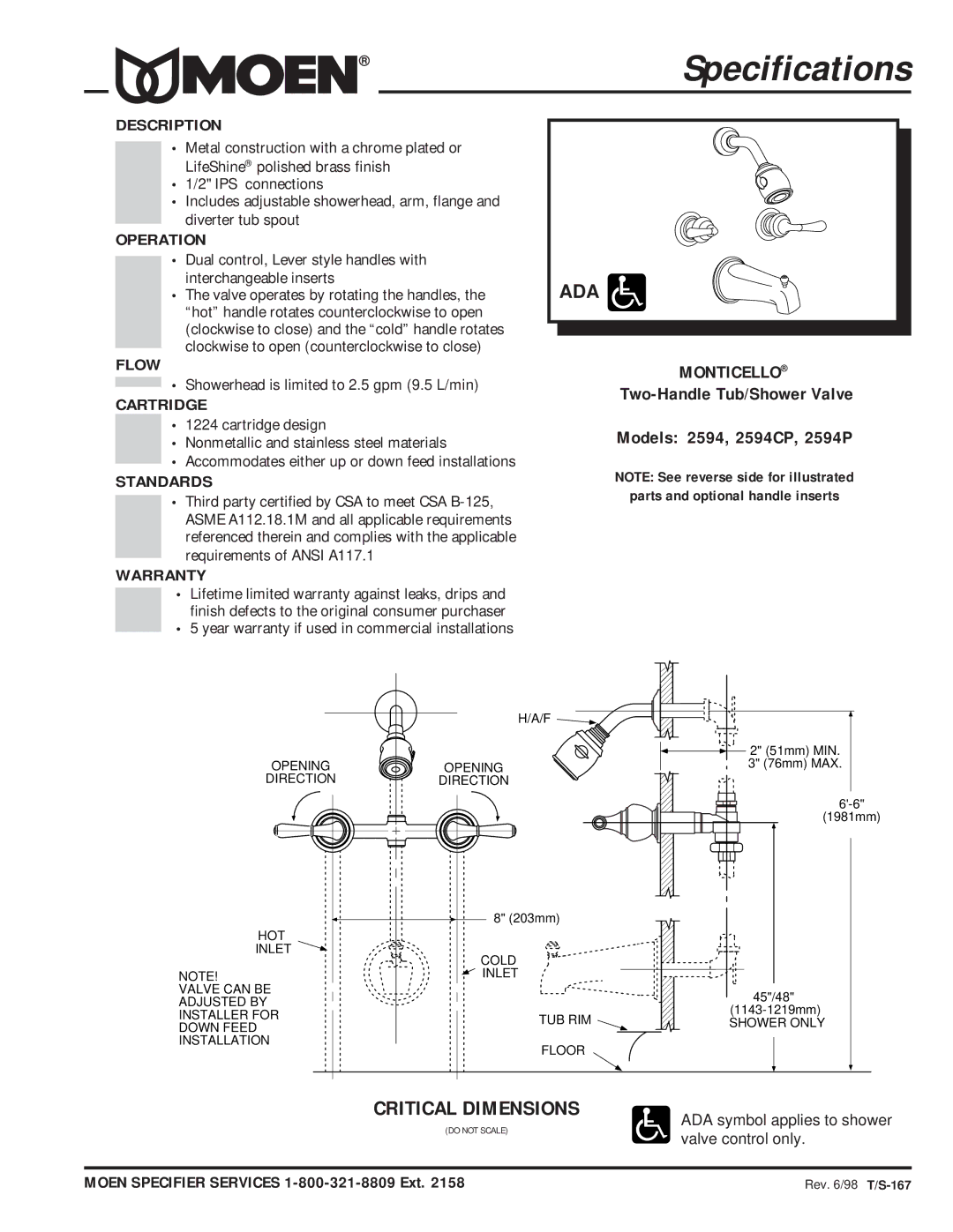 Moen 2594CP, 2594P specifications Description, Operation, Flow, Cartridge, Standards, Warranty 