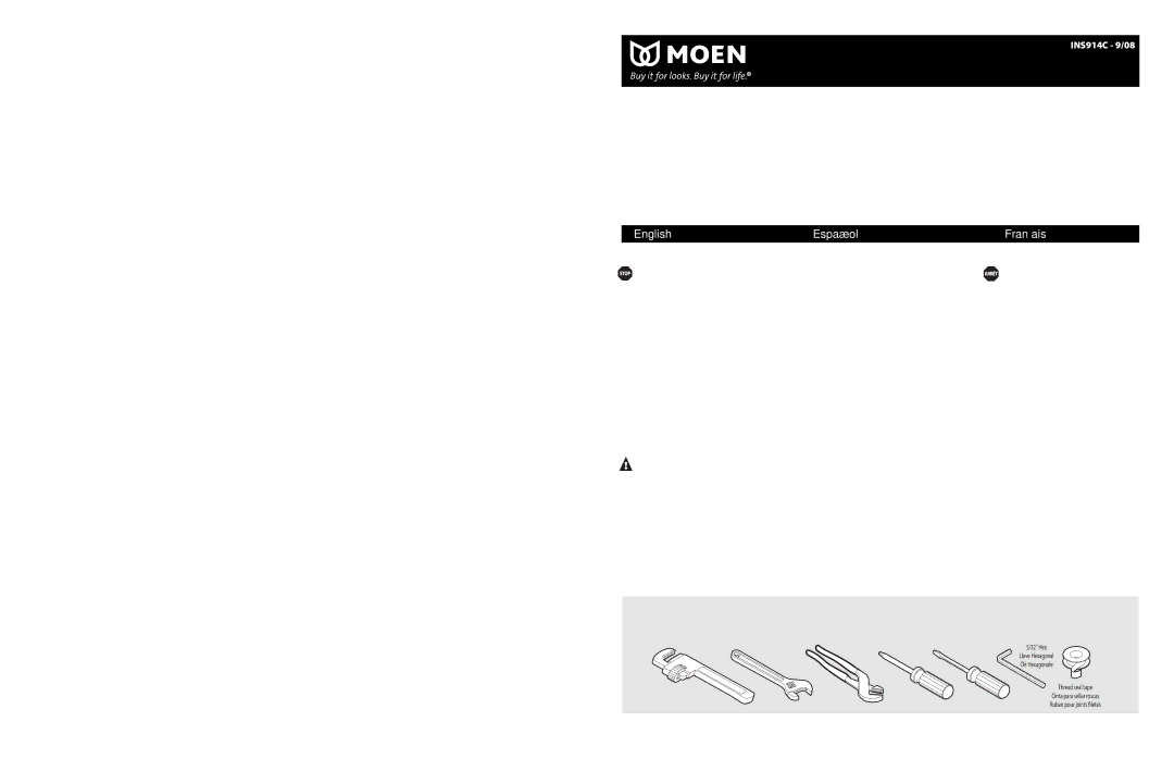 Moen 2919, 2982, 82419 warranty Moen Incorporated Al Moen Drive North Olmsted, Ohio, INS914C 10/08 