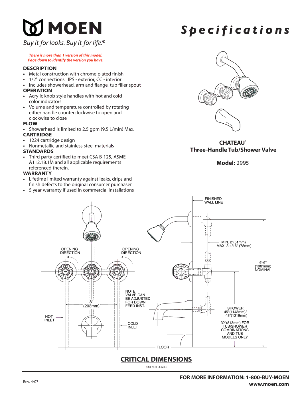 Moen 2995 specifications Specification s, Chateau, Three-Handle Tub/Shower Valve Model 