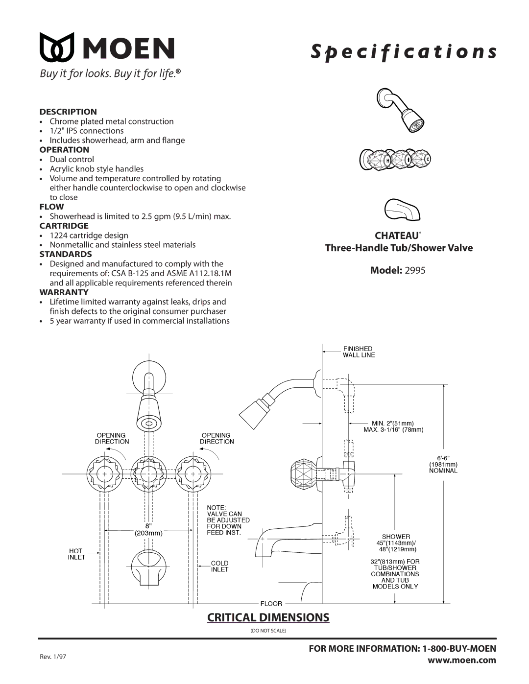 Moen 2995 specifications Rev /97 