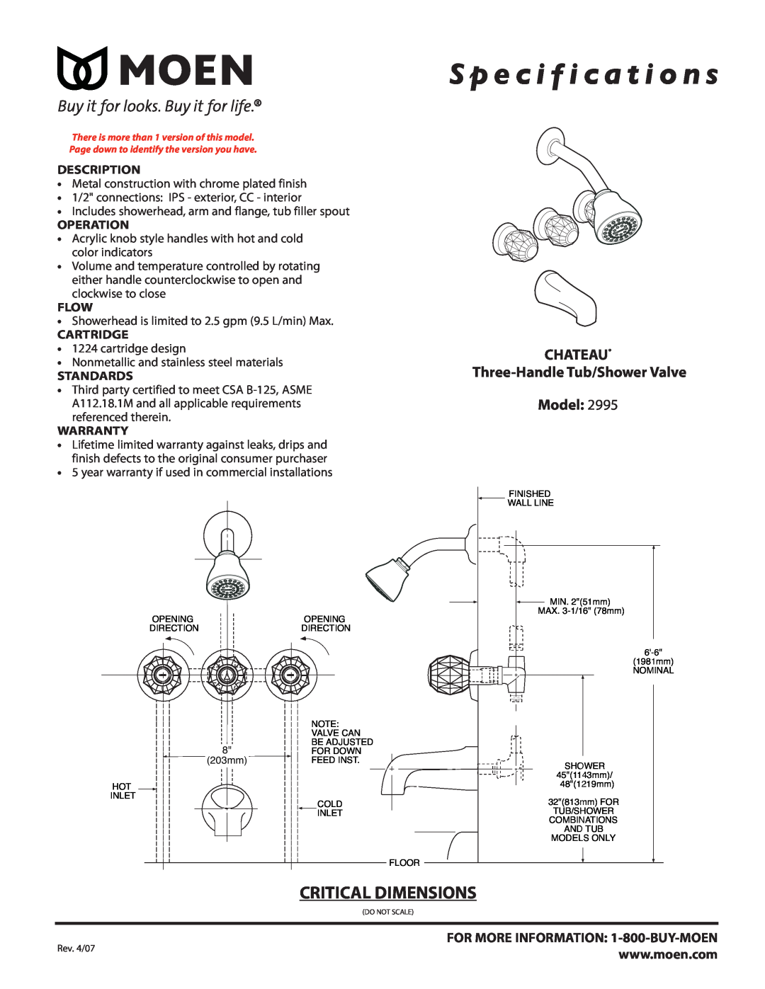 Moen 2995 specifications S p e c i f i c a t i o n s, Critical Dimensions, CHATEAU Three-Handle Tub/Shower Valve Model 