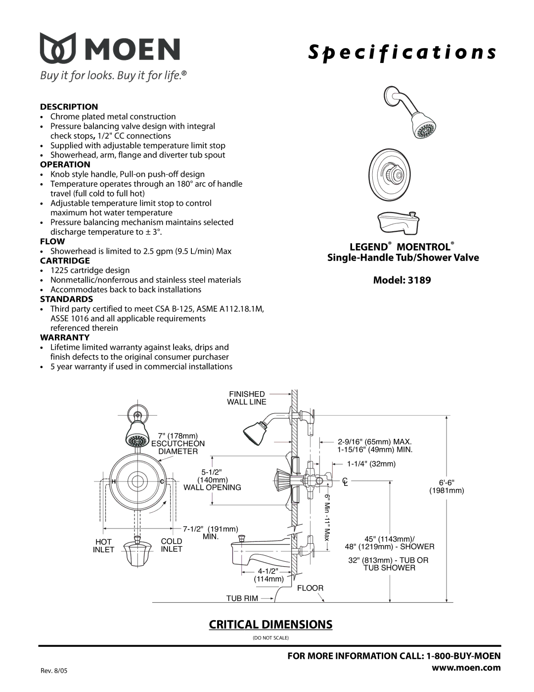 Moen 3189 specifications Specification s, Single-Handle Tub/Shower Valve Model 