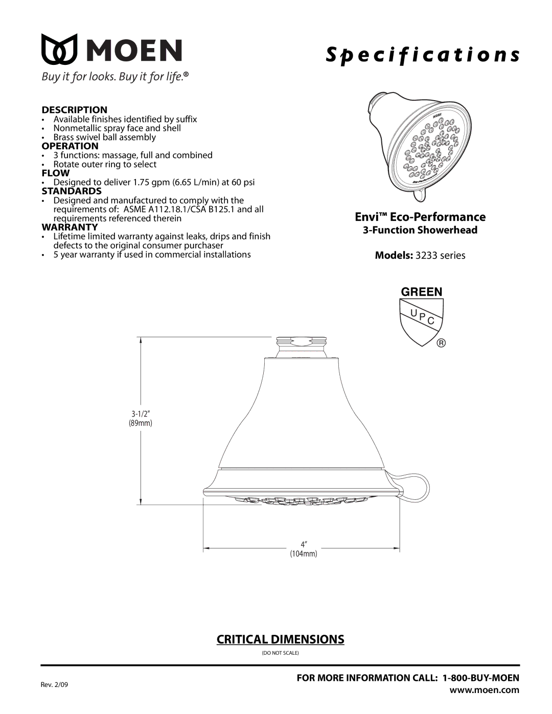 Moen 3233 specifications Specification s 