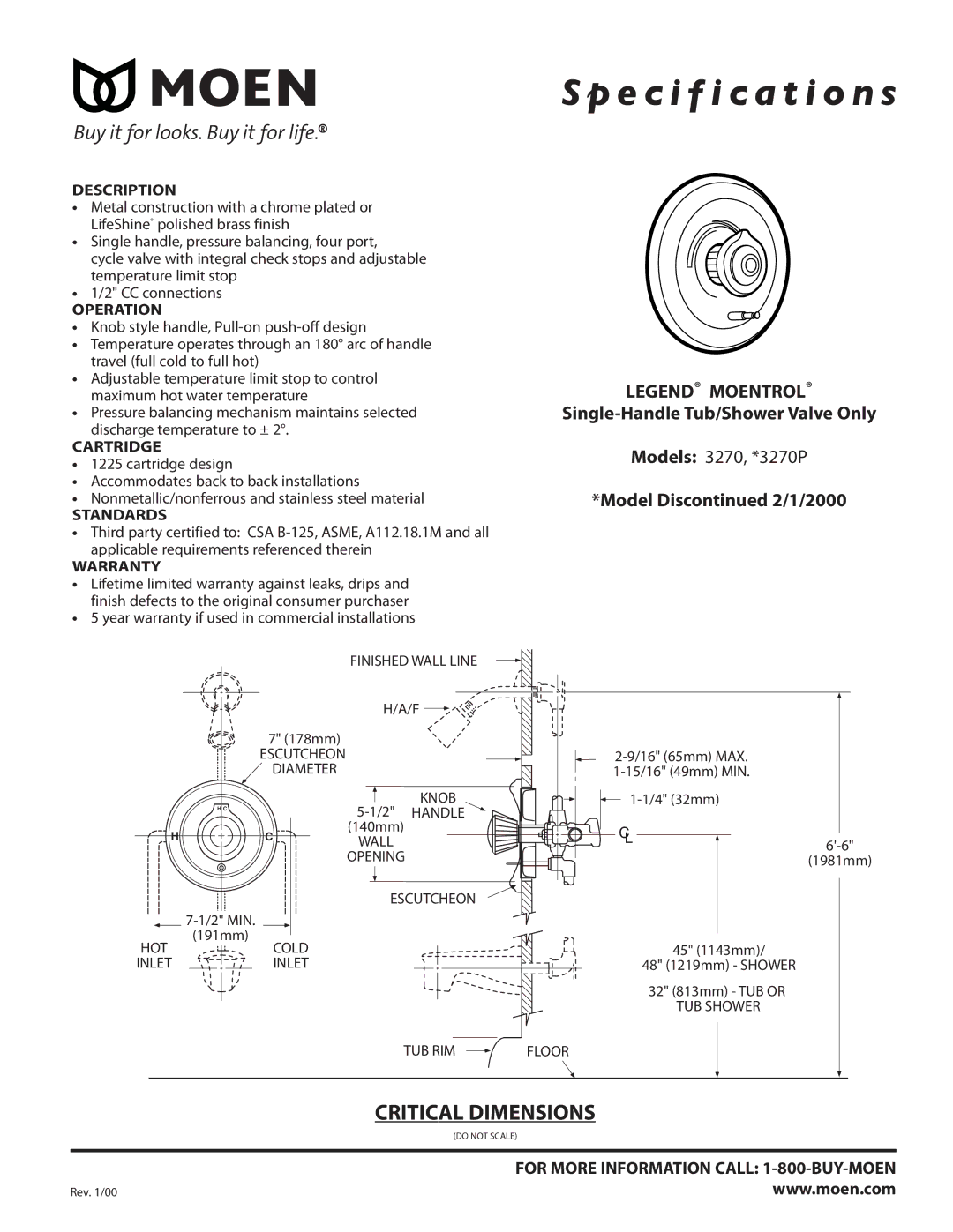 Moen specifications Specification s, Single-Handle Tub/Shower Valve Only, Models 3270, *3270P, Model Dis 2/1/2000 