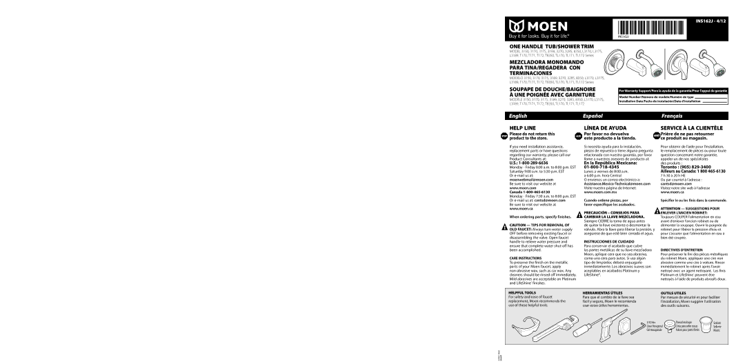 Moen 3285, 3270, L3189, L3170, L3175, TL 171, Tl 172, TL 170, T172, T171, T170, T8350, 3150 warranty En la República Mexicana 