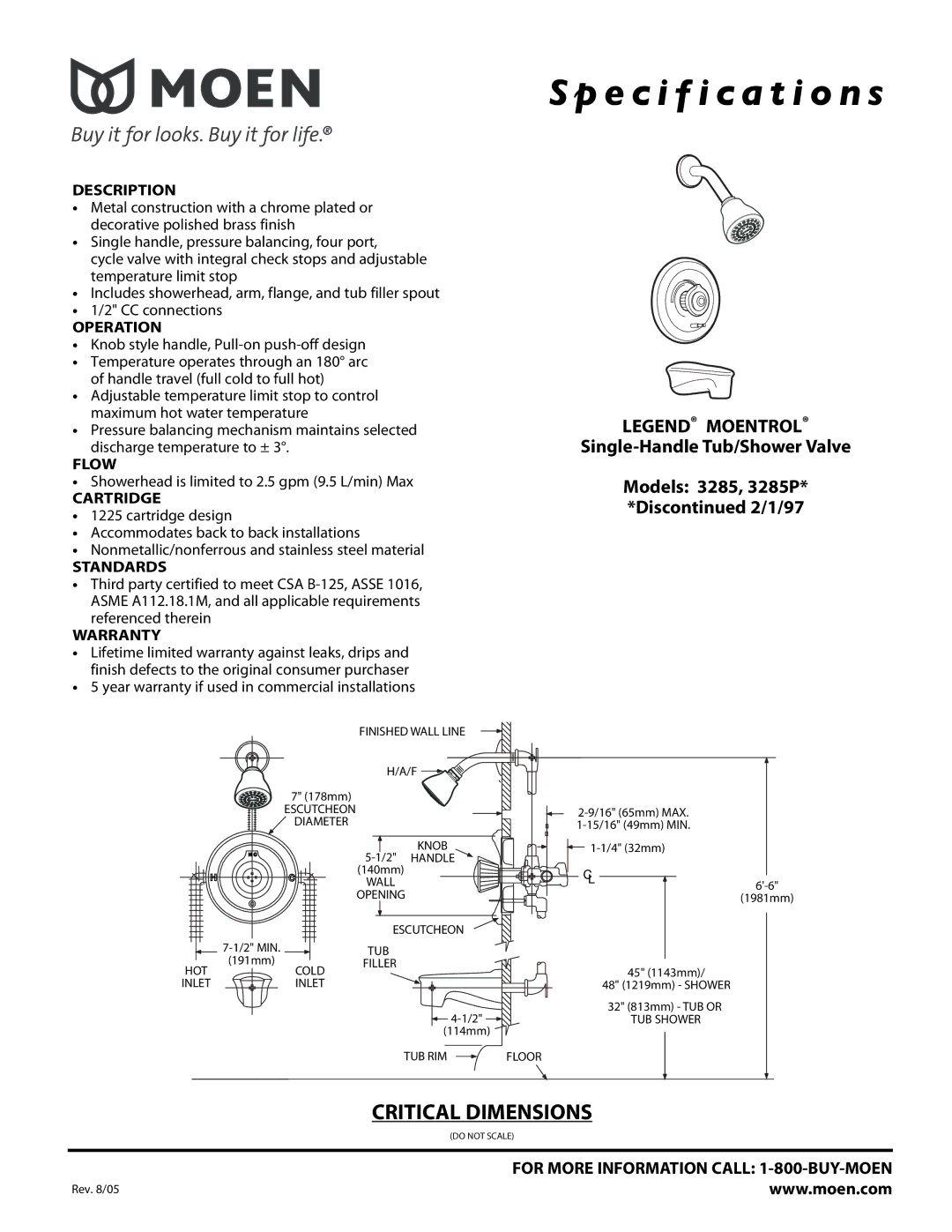 Moen 3285P* specifications Specification s 