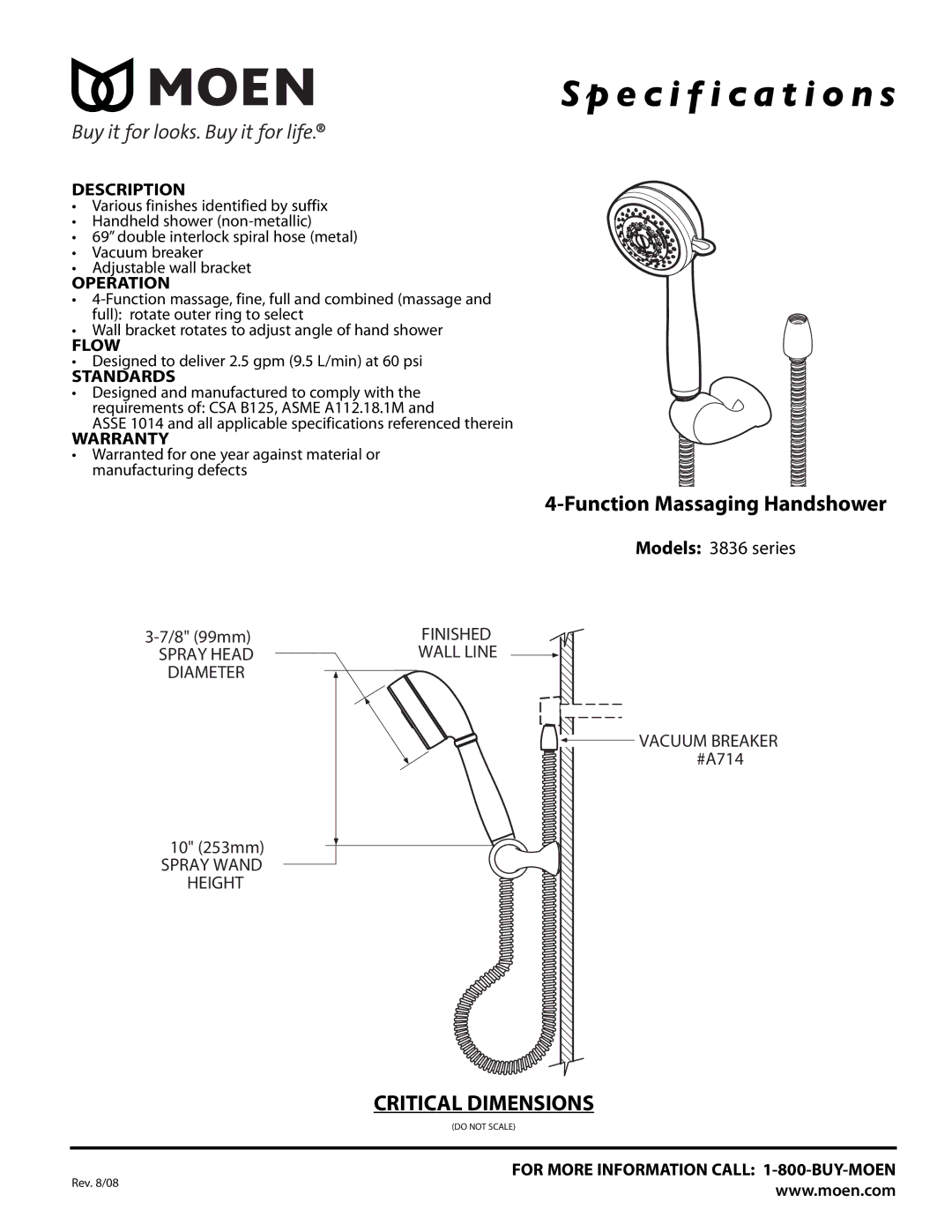 Moen 3836 series specifications Specification s, Function Massaging Handshower 